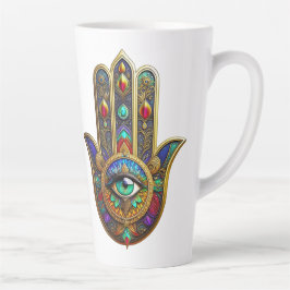 Taza De Café Latte Flor Pétalos Color Peacock Hamsa Verde Tercer Ojo