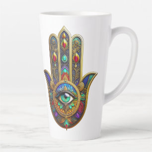 Taza De Café Latte Flor Pétalos Color Peacock Hamsa Verde Tercer Ojo