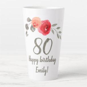 Taza De Café Latte Flor Rosa Acuarela Flor 80 Cumpleaños Floral