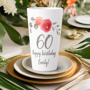 Taza De Café Latte Flor Rosa Acuarela Floral Cumpleaños 60 