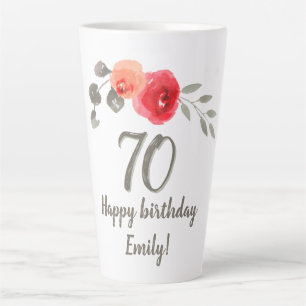 Taza De Café Latte Flor Rosa Acuarela Floral Cumpleaños 70
