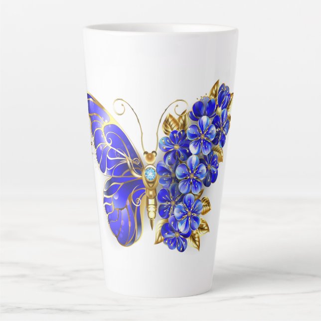 Taza De Café Latte Flor Sapphire Mariposa (Anverso)