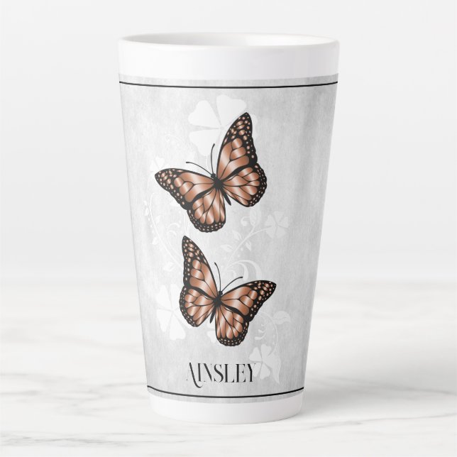 Taza De Café Latte Flora de mariposa de cobre Personalizada Latte Mug (Anverso)