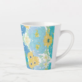 Taza De Café Latte Floral Acuarela Azul y Amarillo