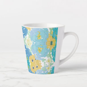 Taza De Café Latte Floral Acuarela Azul y Amarillo