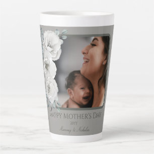 Taza De Café Latte Floral acuarela Foto Día de la Madre Gris