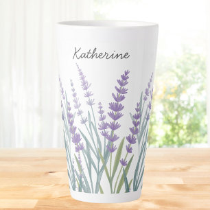 Taza De Café Latte Floral Acuarela Lavanda Púrpura Monogramada