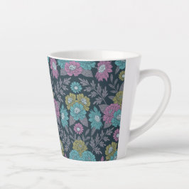 Taza De Café Latte Floral azul oscuro, verde y púrpura