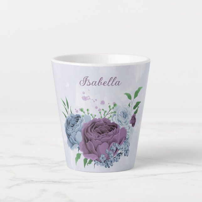 Taza De Café Latte Floral azul polvoriento púrpura  (Anverso)
