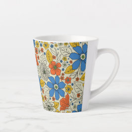 Taza De Café Latte Floral azul retro, amarillo y Naranja