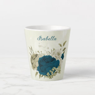Taza De Café Latte floral azul turquesa beige