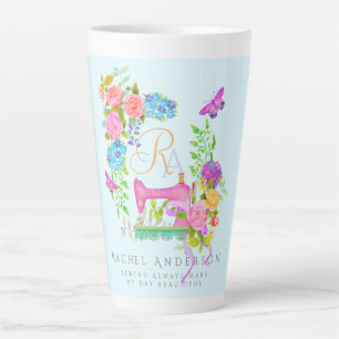 Taza De Café Latte Floral de cinta de coser monograma azul