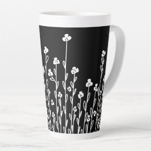 Taza De Café Latte floral de doodle blanco negro moderno minimalista