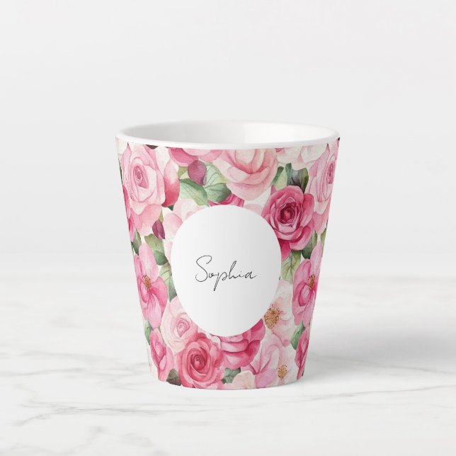 Taza De Café Latte Floral de rosas rosadas románticas (Anverso)