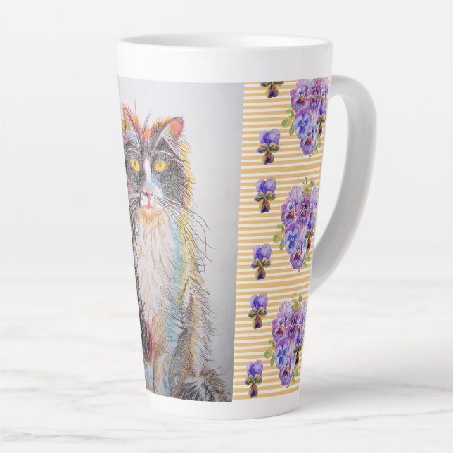 Taza De Café Latte Floral Latte Mug de gato amarillo pintado a mano (Ángulo derecho)