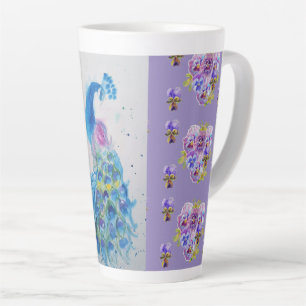 Taza De Café Latte Floral Latte Mug de pavo real pintado morado azul