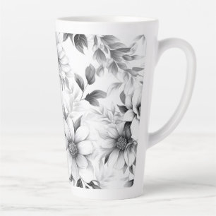 Taza De Café Latte Floral Patrón Blanco y Negro Estético Latte Mug