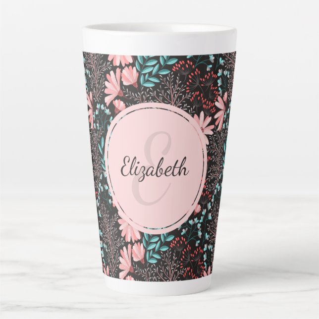 Taza De Café Latte Floral rosa y oscura Verde azulada personalizada (Anverso)