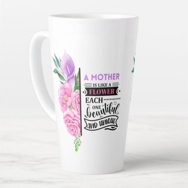 Taza De Café Latte Floral rosa y violeta con cita (Ángulo izquierdo)