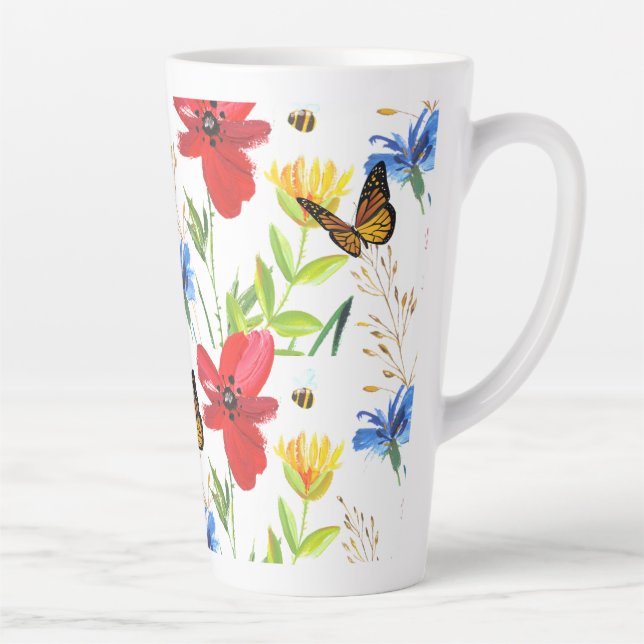 Taza De Café Latte Flores Acuarela de Verano con Mariposas (Derecha)