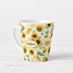 Taza De Café Latte Flores amarillas y abejas Personalizados Latte Mug