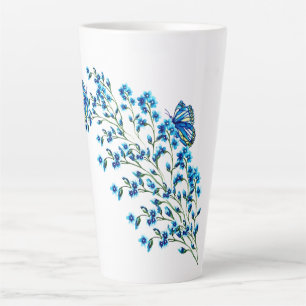 Taza De Café Latte Flores azules delgadas con mariposa