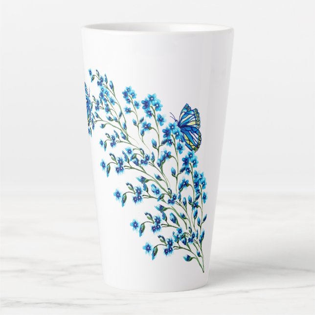 Taza De Café Latte Flores azules delgadas con mariposa (Anverso)