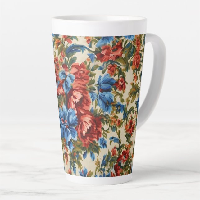Taza De Café Latte Flores azules y rojas exuberantes italianas con ho (Ángulo derecho)