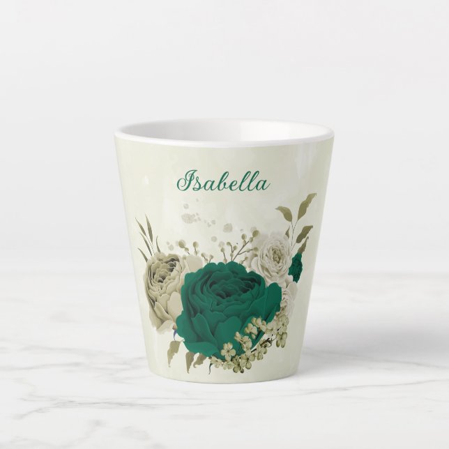 Taza De Café Latte flores beige verde esmeralda  (Anverso)
