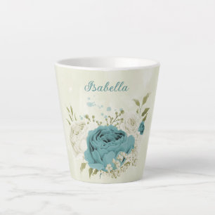 Taza De Café Latte flores blancas azules vegetación 