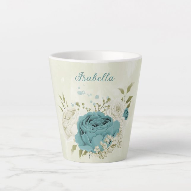 Taza De Café Latte flores blancas azules vegetación  (Anverso)