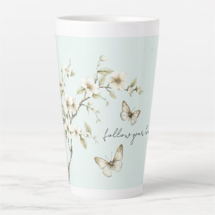 Taza De Café Latte Flores Blancas de Menta Mariposas
