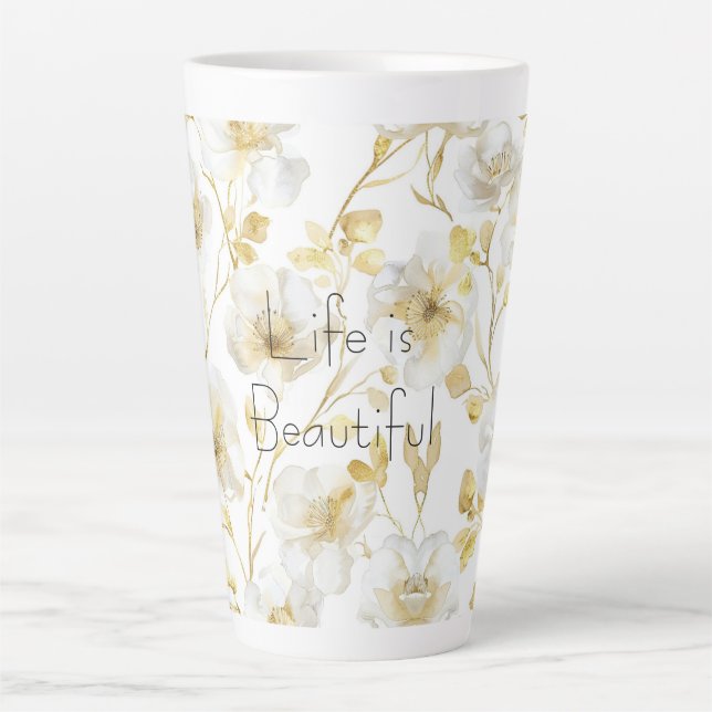 Taza De Café Latte Flores blancas doradas bonitas (Anverso)