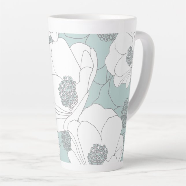 Taza De Café Latte Flores blancas en Aqua (Ángulo derecho)