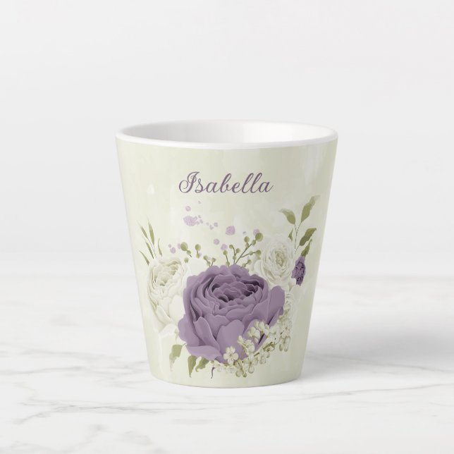 Taza De Café Latte flores blancas malva follaje (Anverso)