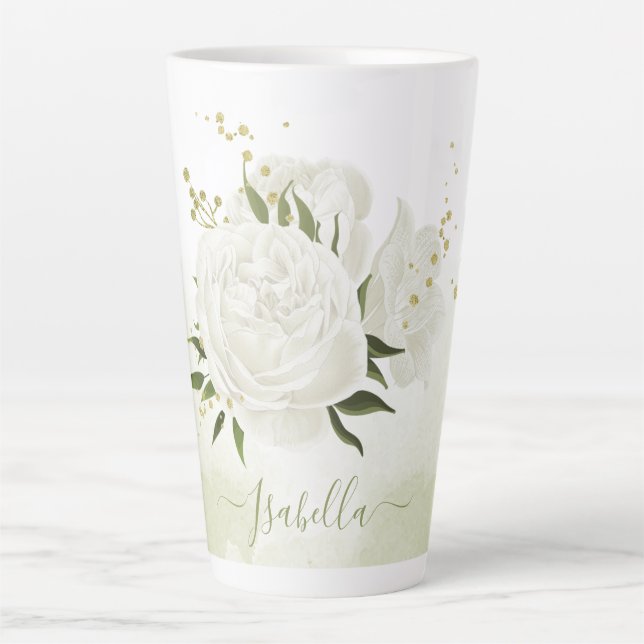 Taza De Café Latte flores blancas románticas con hojas verdes bonitos (Anverso)