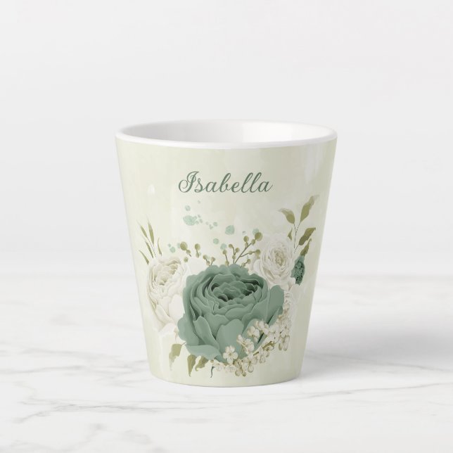Taza De Café Latte flores blancas verde salvia  (Anverso)