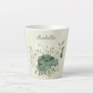 Taza De Café Latte flores blancas verdes de sage