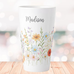 Taza De Café Latte Flores Botánicas Florales Silvestres de Acuarela c