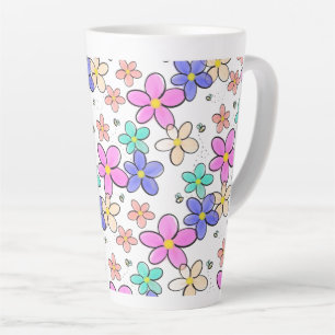 Taza De Café Latte flores brillantes arcoíris coloridas abejas floral