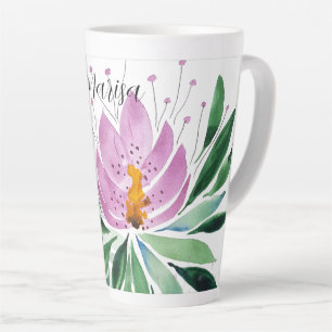 Taza De Café Latte Flores Brote Violeta Obra de Arte Original Acuarel