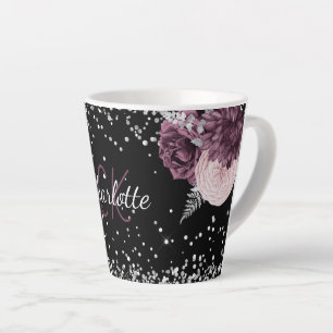 Taza De Café Latte Flores burdeos negras nombre elegante en monograma