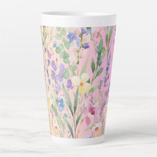 Taza De Café Latte Flores Coloridas Amarillas Rosadas