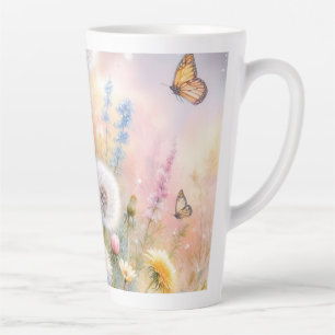 Taza De Café Latte Flores coloridas en tonos pastel suaves acuarela