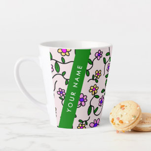 Taza De Café Latte Flores Coloridas, Fondo Rosa, Verde