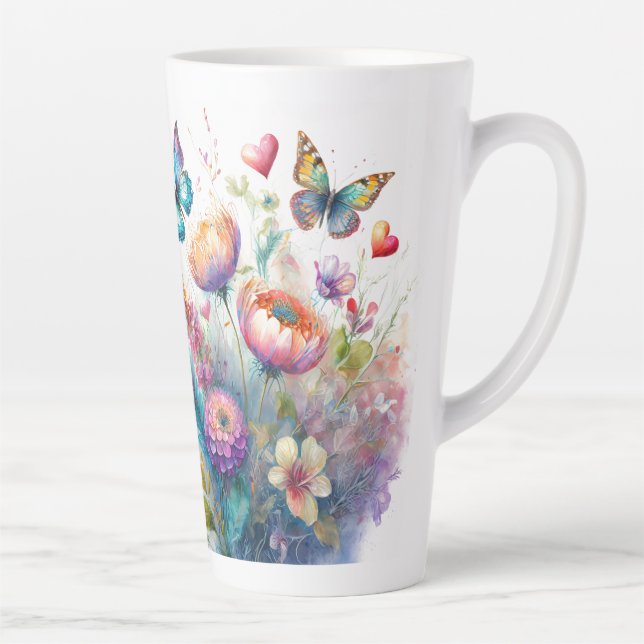 Taza De Café Latte Flores, corazones y mariposas (Derecha)