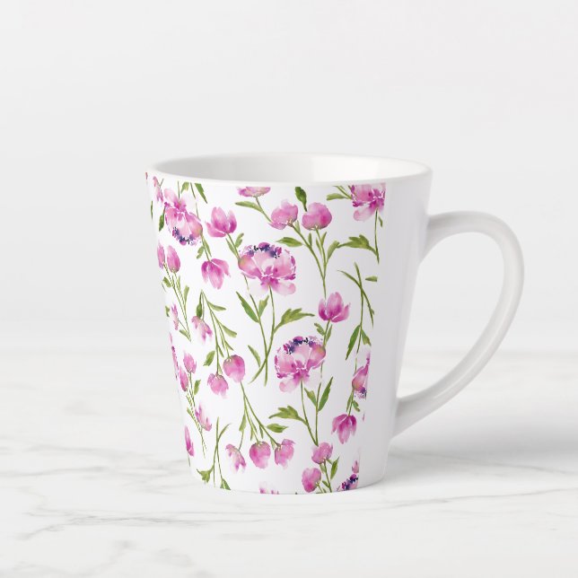 Taza De Café Latte Flores de acuarela flojas bohemias rosadas y verde (Derecha)