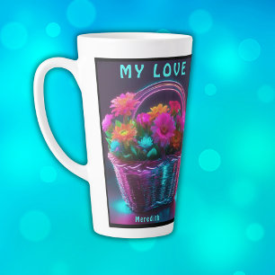 Taza De Café Latte Flores de colores vivos en un monograma  