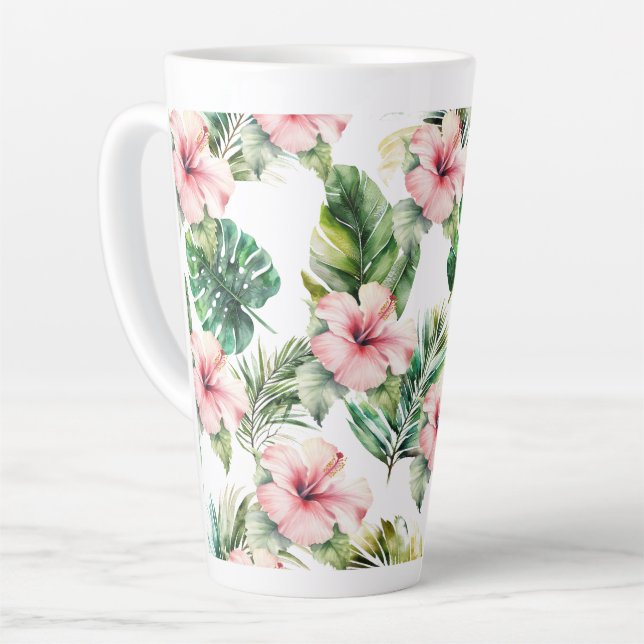 Taza De Café Latte Flores de Hibiscus Tropical Rosa (Ángulo izquierdo)