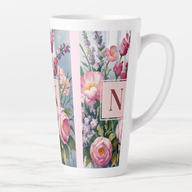 Taza De Café Latte Flores de lavanda rosadas acuarela moderna  (Derecha)